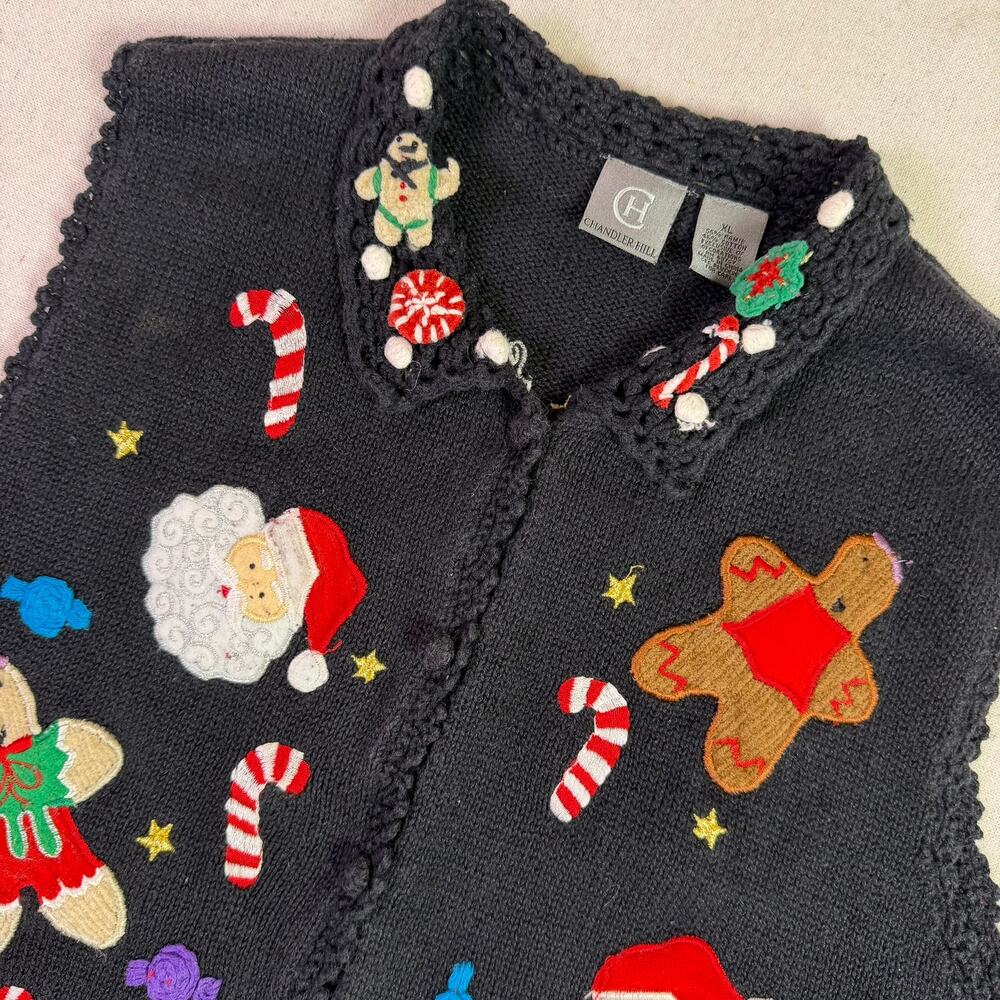 Vintage Christmas Embroidered Crochet Sweater Vest Womens XL Santa Gingerbread